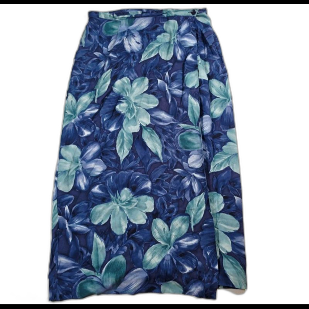 Talbots Womens Silk Wrap Skirt Blue Floral Hawaiian Tropical Lined Midi 10